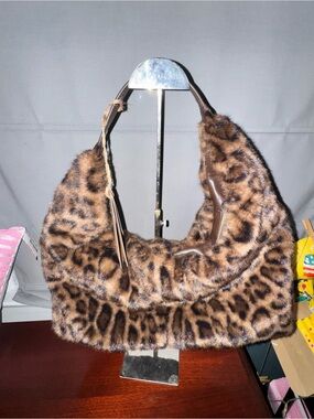 Leopard Print Faux Fur Hobo Bag - Brown